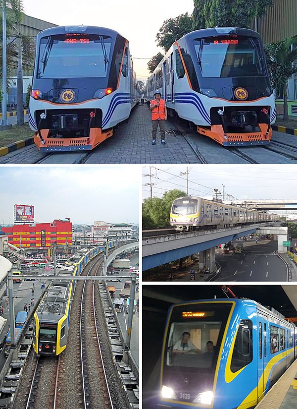 Clockwise (from top): PNR Metro Commuter, LRT Line 2, MRT Line 3, LRT Line 1