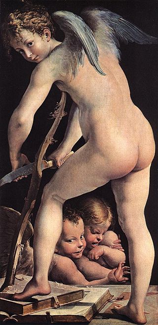 <i>Cupid Making His Bow</i> Painting by Parmigianino