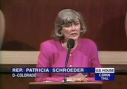 Pat Schroeder arguing emphatically against the Act's passage through the House of Representatives
