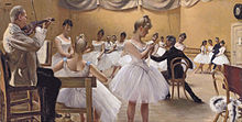 The Royal Theatre Ballet School, Copenhagen (1889) by Paul Gustave Fischer. The painting shows violinist Busch, the ballerina Charlotte Weihe (standing centre foreground) and the ballet master Emil Hansen, seated on the right. PaulGustaveFischerballetschool.jpg