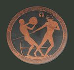 Ancient Greek pottery showing the javelin and the discus throw Pentathlon athlets Staatliche Antikensammlungen 2637.jpg
