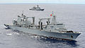 People's Liberation Army (Navy) ship PLA(N) Qiandaohu (AO 886) (foreground) and Republic of Korea Navy ship ROKS Wang Geon (DDH 978) steam in close formation during Rim o.jpg