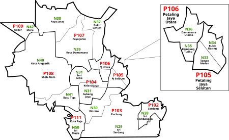 Petaling, Selangor Parliament and State Assembly Electoral Districts Petaling, Federal Parliament and State Assembly Seats.svg