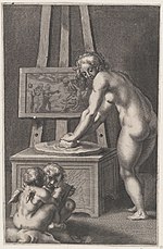 Thumbnail for File:Pictura- allegory of painting, with a nude woman at center grinding pigments, two putti drawing at lower left MET DP878924.jpg