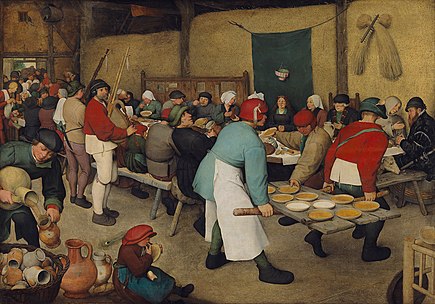 The Peasant Wedding, a 1567 or 1568 painting by Pieter Bruegel the Elder, with two men playing the pijpzak Pieter Bruegel d. A. 011.jpg