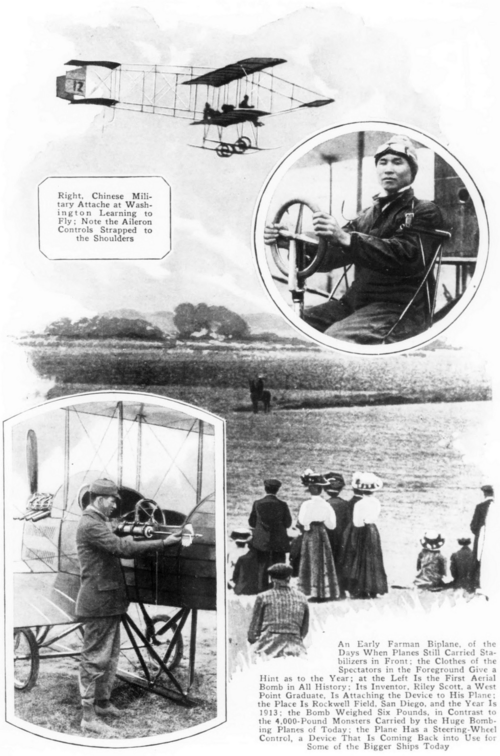 alt= Right, Chinese Military Attache at Washington Learning to Fly: Note the Aileron Controls Strapped to the Shoulders An Early Farman Biplane, of the Days When Planes Still Carried Stabilizers in Front; the Clothes of the Spectators in the Foreground Give a Hint as to the Year: at the Left Is the First Aerial Bomb in All History: Its Inventor, Riley Scott, a West Point Graduate, Is Attaching the Device to His Plane: the Place Is Rockwell Field, San Diego, and the Year Is 1913: the Bomb Weighed Six Pounds, in Contrast to the 4,000-Pound Monsters Carried by the Huge Bombing Planes of Today: the Plane Has a Steering Wheel Control, a Device That Is Coming Back into Use for Some of the Bigger Ships Today