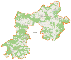 Mapa konturowa powiatu zielonogórskiego, u góry po prawej znajduje się punkt z opisem „Babimost”