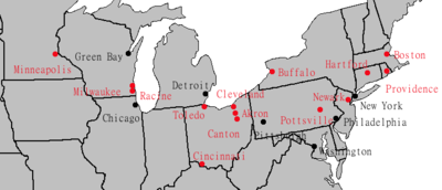 Cities that hosted NFL teams in the 1920s and 1930s. Cities that still have NFL teams from that era are in black, while other cities are in red. Only teams that played more than ten games in the NFL are included. Pre-war NFL teams.png