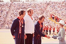 Anne at the 1974 British Commonwealth Games Princess Anne at discus medal ceremony - Commonwealth Games 1974 (2).jpg