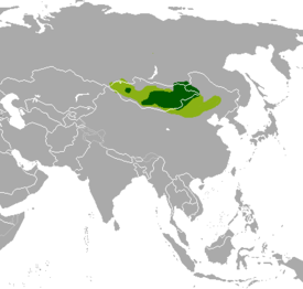 Mongoliangasellin nykyinen (tummanvihreä) ja historiallinen (vaaleanvihreä) levinneisyysalue kartalla