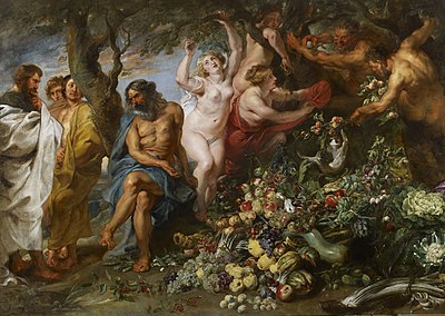 Pythagoras Advocating Vegetarianism, 1618–1630, by Rubens and Frans Snyders, inspired by Pythagoras's speech in Ovid's Metamorphoses, Royal Collection