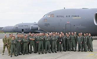 Australian, British and United States C-17 Globemasters and aircrew in Britain during June 2007 RAF RAAF USAF C-17s 2007.jpg