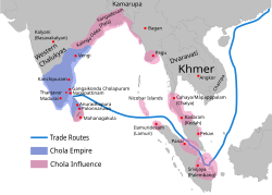 Map showing the greatest extent of the Chola empire c. 1030 under Rajendra I: territories are shown in blue, subordinates and areas of influence are shown in pink.