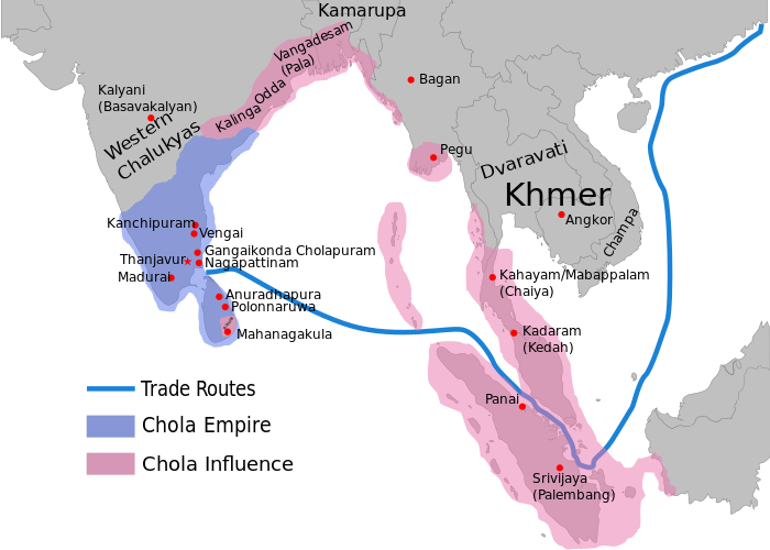 De omvang van het rijk van Rajendra Chola I, vorst van de Zuid-Indiase Chola's, rond het jaar 1030. De Chola's waren een van de weinige Indiase dynastieën die hun invloed over andere delen van de wereld verspreidden. Rajendra's invloed reikte tot overzeese gebieden als Pegu (Myanmar) en Sumatra.