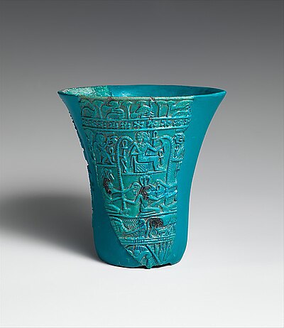 Faience lotiform chalice. Egypt 1070–664 BCE (reconstructed from eight fragments)
