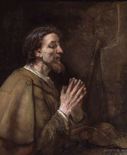 Saint James the Elder by Rembrandt, 1661. He is depicted clothed as a pilgrim; note the scallop shell on his shoulder and his staff and pilgrim's hat beside him.