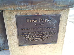 Plaque for the sculpture Rosa Parks sculpture (plaque), Eugene, Oregon.jpg