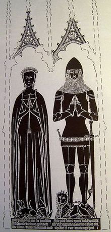 Monumental brass of an English knight wearing armour at the time of Agincourt (Sir Maurice Russell (d. 1416), Dyrham Church, Gloucestershire) Rubbing of the Dyrham brass, Saint Peter's Church, Dyrham, South Gloucestershire, England.jpg