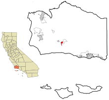 Obszary włączone i nieposiadające osobowości prawnej w hrabstwie Santa Barbara w Kalifornii Solvang Highlighted.svg