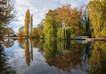 Árvores com folhas coloridas do outono na extremidade ocidental do grande lago nos jardins do Palácio de Schwetzingen, Baden-Württemberg, Alemanha. Logo ao entrar no jardim do castelo, um grande lago surge diante do visitante. Neste local existia originalmente um reservatório de água murado. Em 1823, por sugestão do jardineiro e botânico alemão, Johann Michael Zeyher, ao grão-duque Luís I de Baden, o reservatório foi ampliado e transformado em um lago com margens naturais. De cada lado do eixo visual voltado para o castelo, encontram-se duas esculturas (cópias) de Pieter Antoon Verschaffelt, a personificação das divindades dos rios Reno e Danúbio. (definição 7 635 × 5 304)