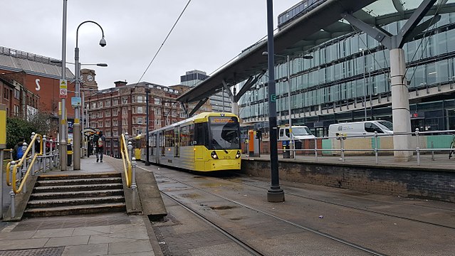 Tram approaching the Metrolink part of the Interchange from the north.