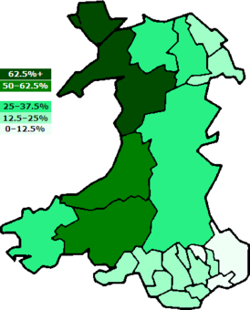 Процент владеющих валлийским языком в разных графствах Уэльса