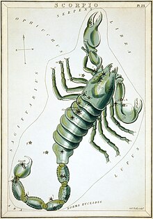 Scorpius as depicted in Urania's Mirror, a set of constellation cards published in London c.1825. Sidney Hall - Urania's Mirror - Scorpio.jpg