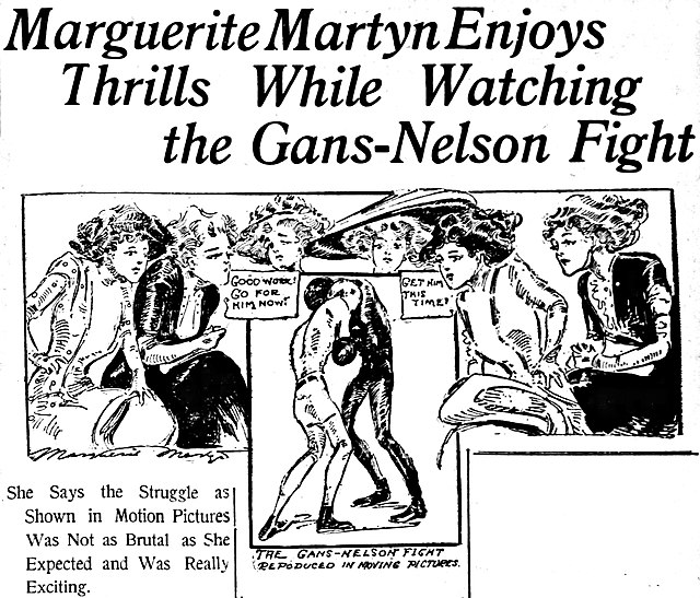 A four-reel motion picture of the second Gans-Nelson fight in Colma, California, was shown in theaters across the country. Above, reporter-artist Marg