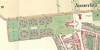 Slavkov na císařském otisku mapy Stabilního katastru z roku 1826, zámek a zámecký park.