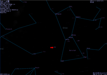 Ilustracja. Słońce zaznaczone strzałką jest widoczne między Pasem Oriona a Syriuszem.