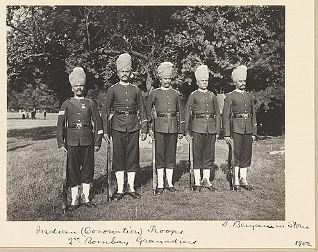 2nd Bombay Grenadiers in Hampton Court Camp on the occasion of the Coronation of King Edward VII, August 1902 Soldiers of the 2nd Bombay Grenadiers of the Indian Army in Hampton Court Camp.jpg