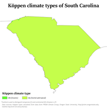 Koppen climate types in South Carolina, showing a large majority of the state being humid subtropical, with smaller, outlier pockets of an oceanic climate in the Blue Ridge Mountains. South Carolina Koppen.png