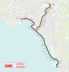 Route map showing the three original Athens Tram lines. Strassenbahnnetz Athen.png