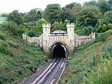 The northern portal of Clayton Tunnel is constructed in the style of a medieval castle. The North entrance of the Clayton Tunnel - geograph.org.uk - 1577506.jpg