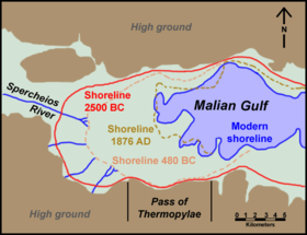 Изображение древней и современной береговой линии залива Малиакос, в который впадает Сперхио́с