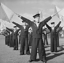 Sea Cadets practice semaphore during signalling class, 1943 They Learn To Be Sailors- Sea Cadet Training on the Training Ship HMS Undine, Bowness-on-windermere, England, UK, 1943 D16458.jpg