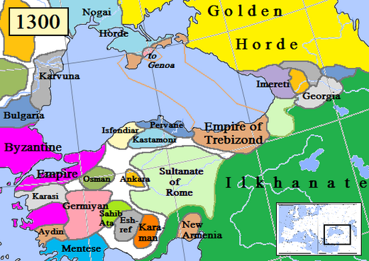 De situatie rond 1300; De Byzantijnen zijn teruggedrongen tot het gebied rond de zee van Marmara, en in het noordoosten tot het Keizerrijk Trebizonde.