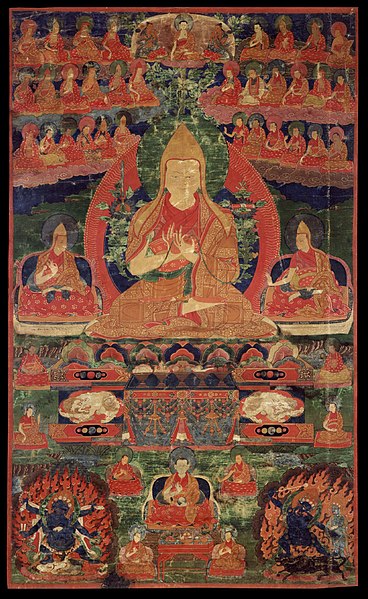 An illustration of Je Tsongkhapa, the founder, and his two principal students (Kédrup and Gyeltsap) on his left and right with other lineage teachers 