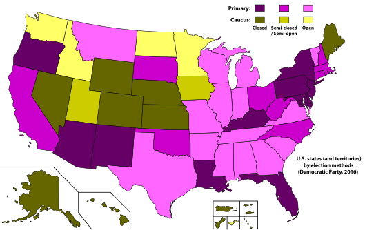 U.S. states (and territories) by election methods, 2016 (Democratic Party)