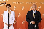 Foreign Secretary William Hague and UN Special Envoy Angelina Jolie address the media at ExCel London ahead of the opening of the Summit Fringe (10 June 2014)