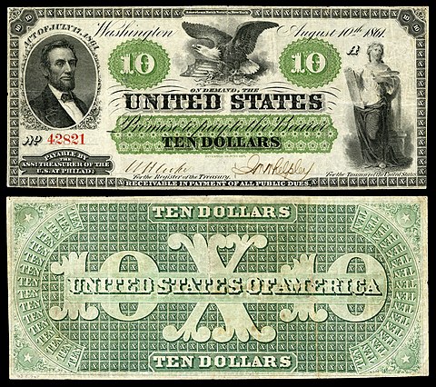 $10 Demand Note, depicting Abraham Lincoln