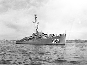 Военный корабль США Джордж А. Джонсон (DE-583) в море, 1950-е годы (142664325) .jpg