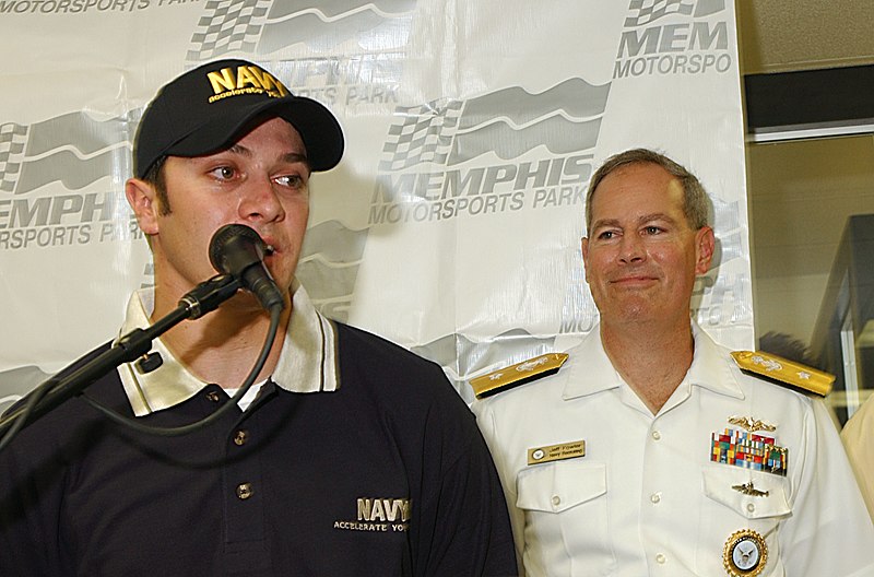 File:US Navy 041022-N-5862D-013 Commander, Navy Recruiting Command, Rear Adm. Jeff Fowler, right, looks-on as the new driver of the Busch Series Life Accelerator, David Stremme, takes questions.jpg