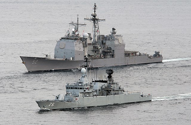 Bunker Hill (rear) with Lekir of the Royal Malaysian Navy during a passing exercise in the Strait of Malacca