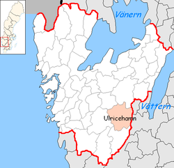 Община Улрисехамн на картата на лен Вестра Йоталанд, Швеция