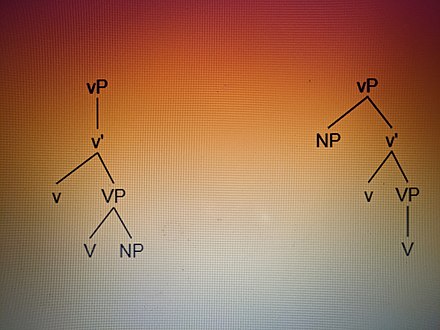 Unaccusative verb syntax tree (left) and Unergative verb syntax tree (right)