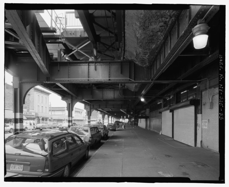 File:Underside of Track D along Stillwell Avenue showing steel I-beams, lateral supports,and columns. Looking north. - Stillwell Avenue Station, Intersection of Stillwell and Surf Avenues, HAER NY-325-33.tif