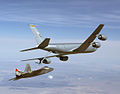 A KC-135R Stratotanker from the 22nd Air Refueling Wing at McConnell AFB, Kansas, USA refuels an F/A-22 Raptor.