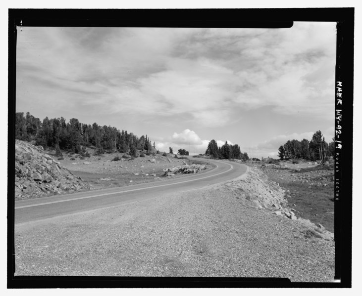 File:View of the highway, approach to the Frozen Lake switchback curve, looking east. Proposed realignment will shift the road slightly to the south (right) - Beartooth Highway, Red Lodge, HAER WY-92-19.tif
