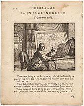 A portrait of a mapmaker looking up intently from his charts and holding a caliper, 1714. Vinne Thus Men Go Safely 1714 Cornell CUL PJM 1016 01.jpg